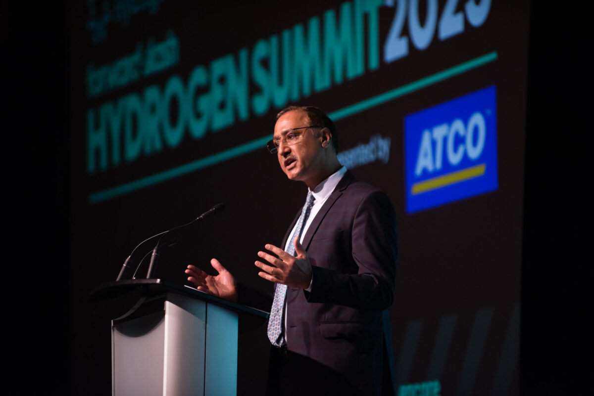 Edmonton's Mayor Amarjeet Sohi gives his opening remarks about the economic opportunity that hydrogen presents for the Edmonton Region